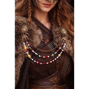 Viking Oval Brooch Pair w/ Chain & Beaded Drapes Cloak Pins NWT